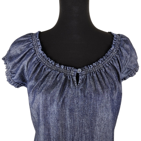 Liz Claiborne Blue Jean Cotton Dress Size Medium Peephole front babydoll sleeves - Picture 2 of 8